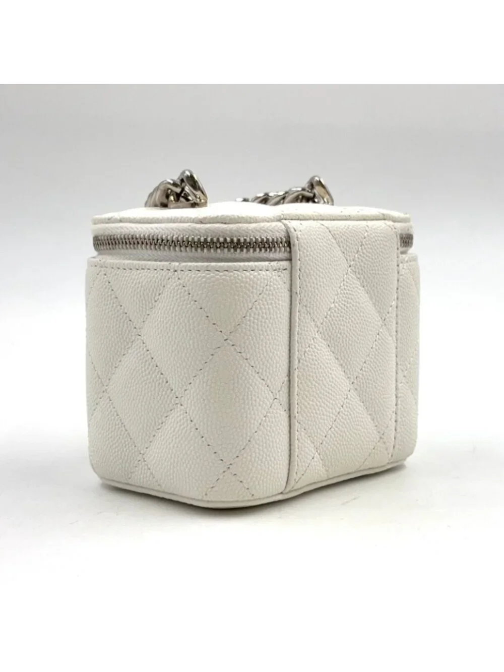 Chanel Classic Small Vanity Caviar Leather White Chain Shoulder Bag Silver